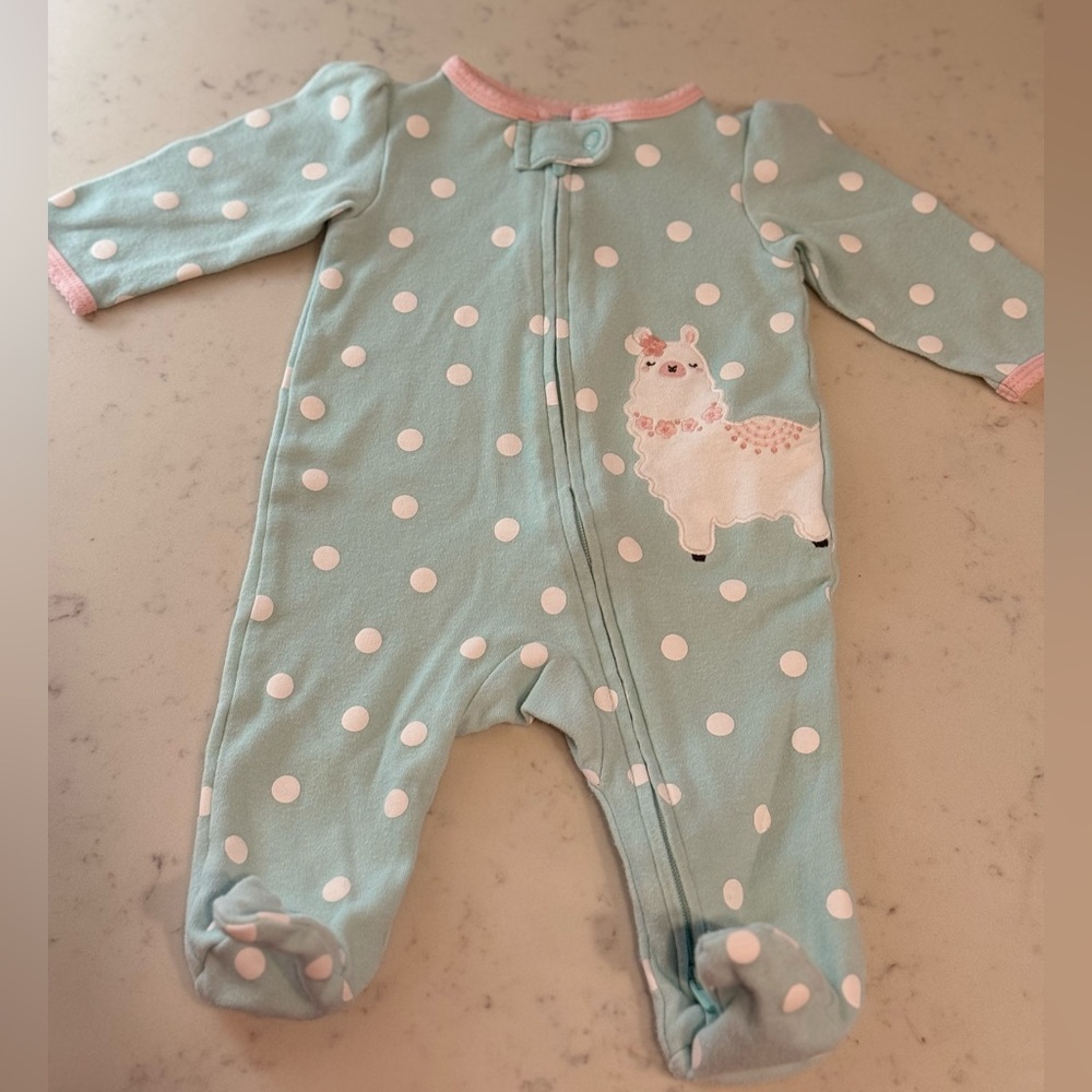 Carter's Llama 3 month Mint & White Polka Dot Pink zip footie
